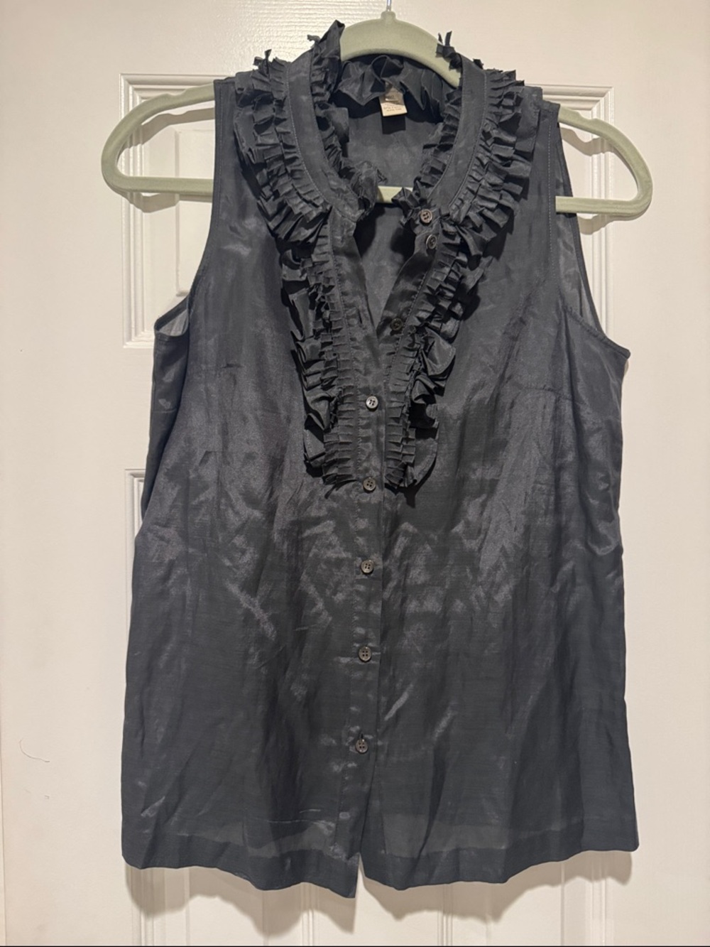 Cotton/Silk Blend Sleeveless Ruffle-Front Button Tank Top - Black